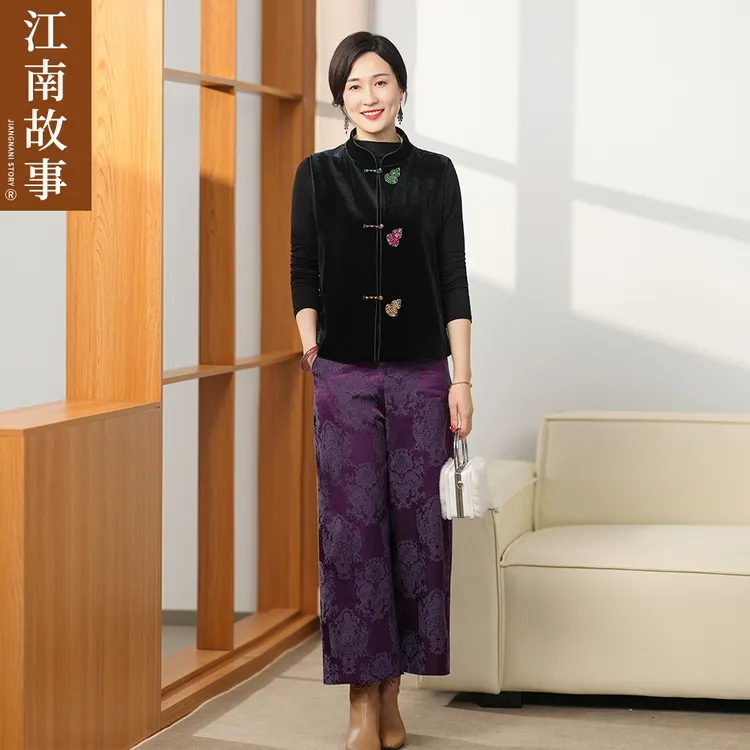江南故事中老年女装葫芦女常规免烫中国风通勤风马夹上衣套装