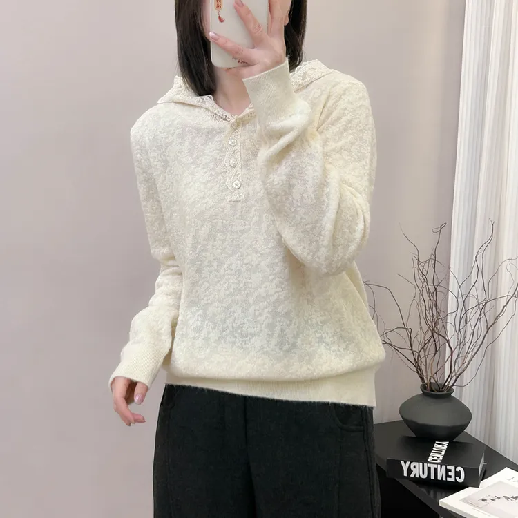 连帽蕾丝花边勾花欧根丝针织衫春秋季新款上衣宽松韩版打底帽衫女