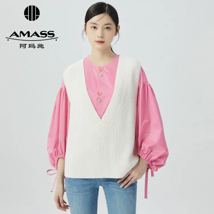 阿玛施AMASS新款女装绵羊毛减龄学院风V领素色针织马甲5399678