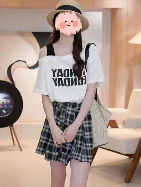 纯欲慵懒风露肩短袖T恤夏季新款格子半身裙子套装洋气显瘦两件套