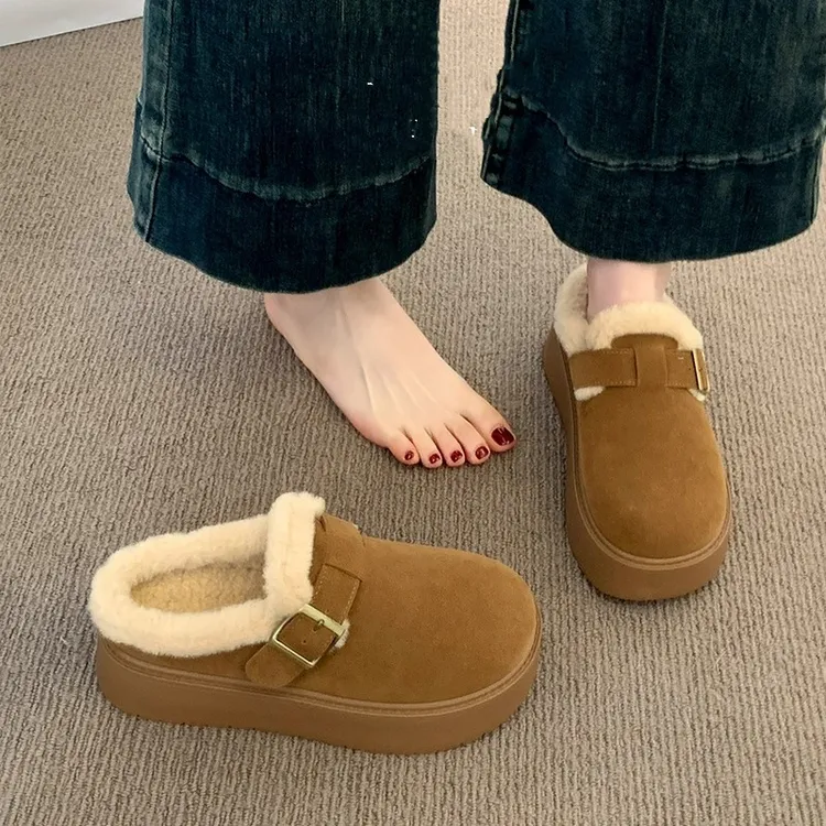 啄木鸟毛毛拖鞋女外穿2025秋冬加绒包头棉拖厚底勃肯半拖雪地靴女