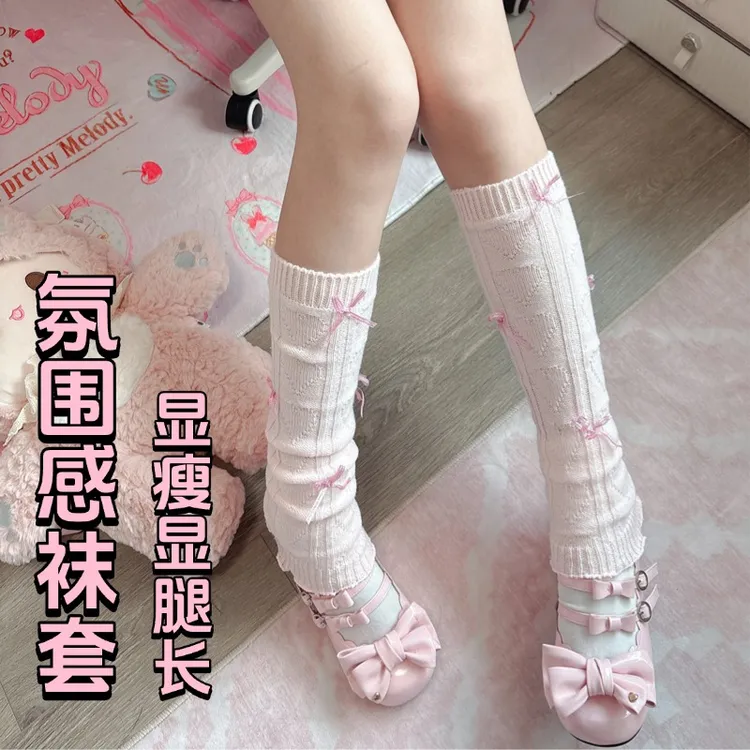 早秋lolita袜套黑芭蕾风女蝴蝶结腿套白色奶小腿袜洛丽塔堆堆袜套