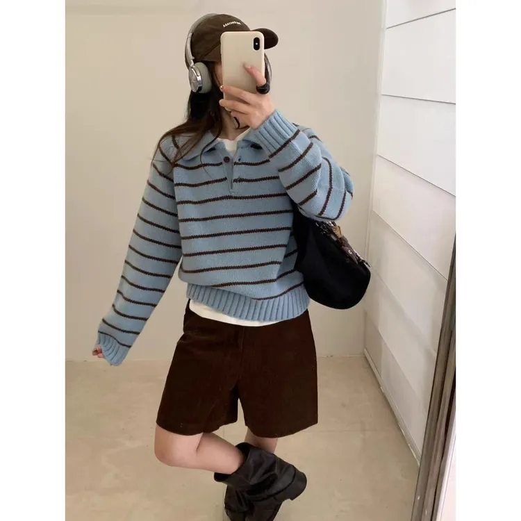 复古条纹撞色翻领毛衣女秋冬超好看的小个子厚实拼接毛衣港风