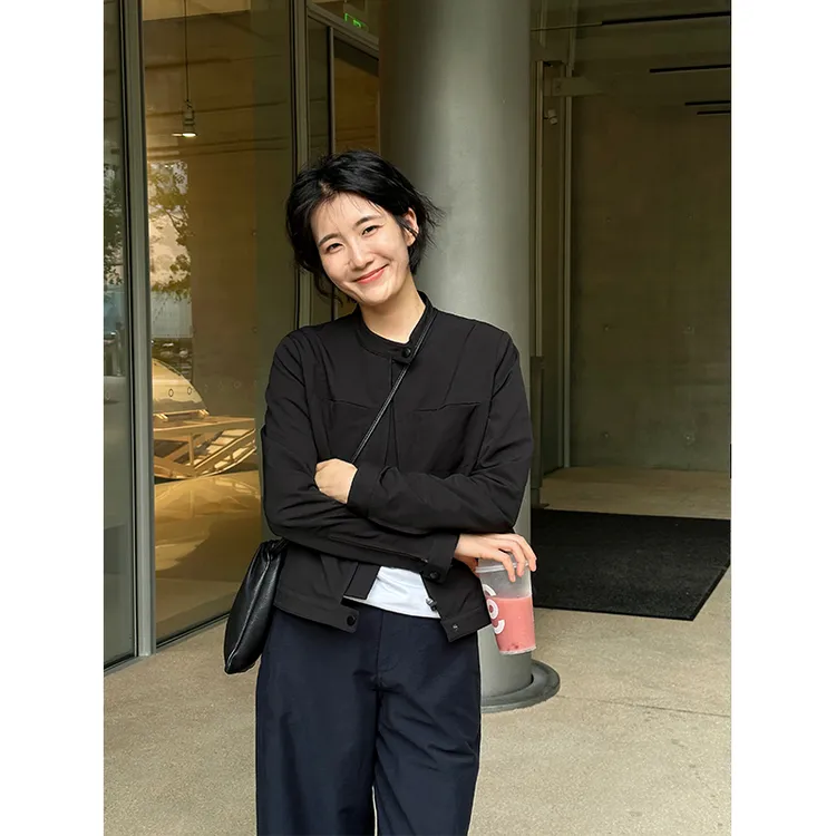 LANGQING 新款秋装黑色立领短款夹克外套女42703#