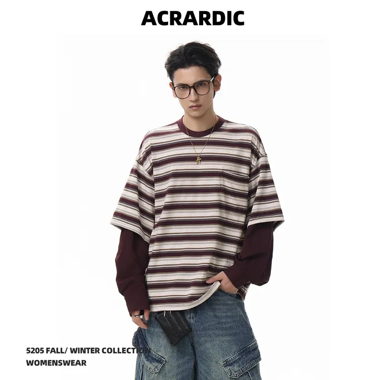 ACRARDIC美式条纹假两件长袖T恤男复古设计感叠穿休闲宽松上衣潮
