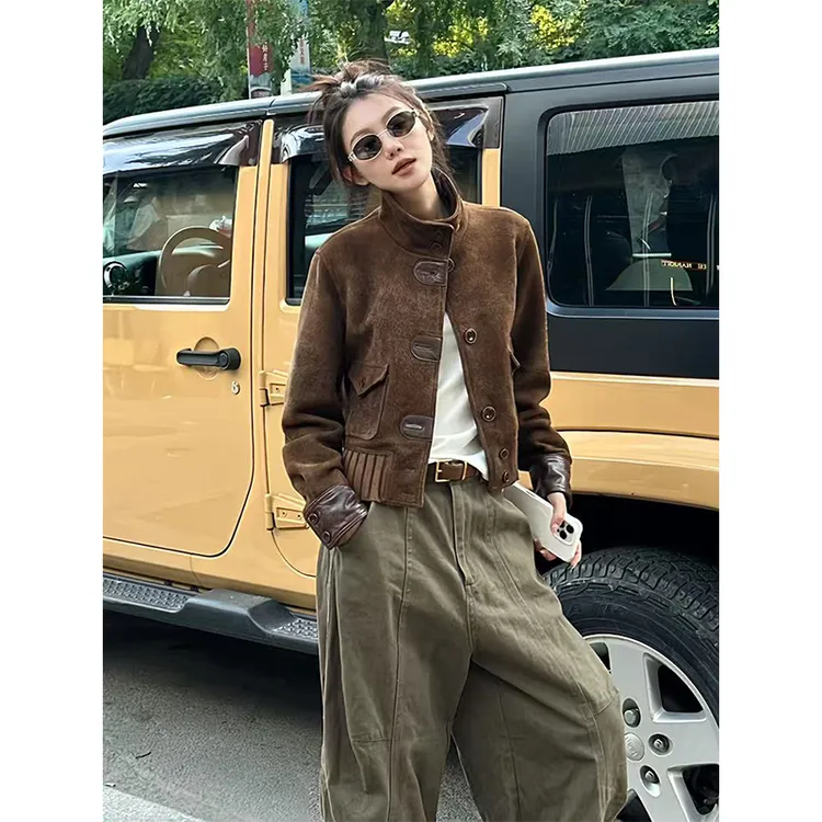 美式复古鹿皮绒棕色短款外套女秋季2025新款修身显瘦时尚百搭上衣