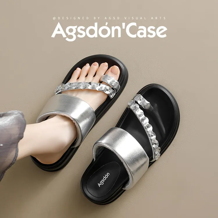 奥古狮登银色拖鞋女夏外穿2025新款一脚蹬夹趾凉鞋软底人字拖H