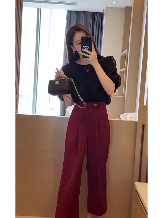 高级车厘子红百搭小个子直筒红色女夏季新款薄款九分阔腿西装裤