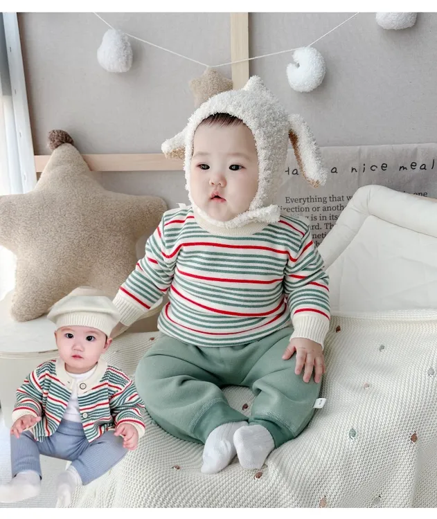 韩气婴幼儿秋冬洋气婴儿衣服条纹针织男女宝宝圆领小童毛衣打底衫