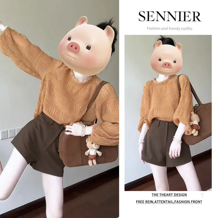 【现货】2025夏季爆款韩系小众气质显瘦长袖上衣百搭休闲短裤两件套