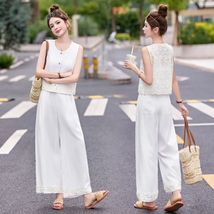 2025夏新款天丝亚麻气质木耳边拼接蕾丝马甲阔腿裤两件套套装