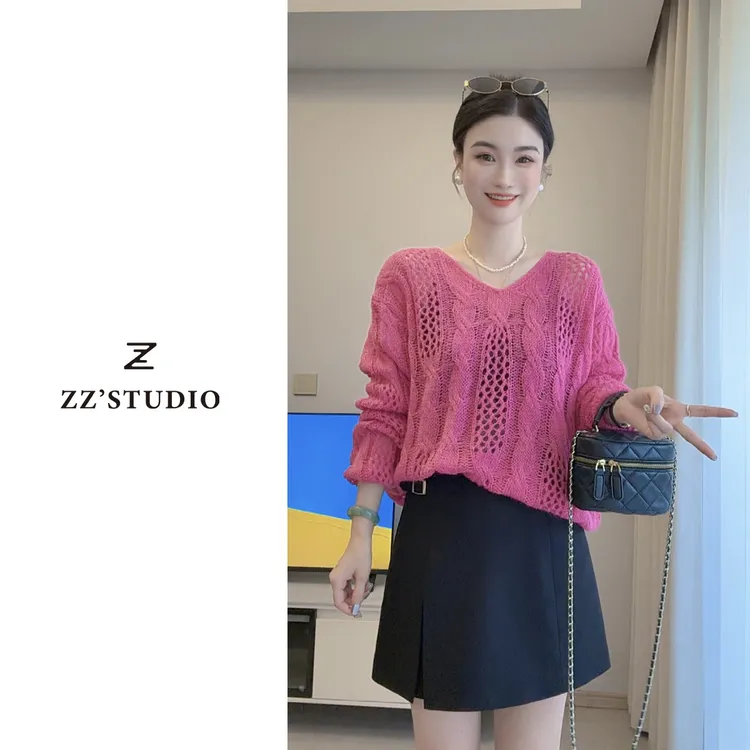 郑郑定制#早秋新款韩系减龄V领麻花镂空软糯遮肉显瘦针织上衣829