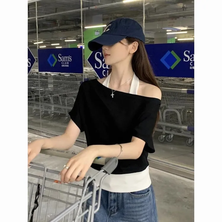 2025美式挂脖斜肩假两件短袖t恤女夏季运动宽松显瘦露肩上衣小众
