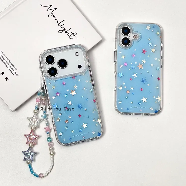 可爱ins蓝底彩色星星渐变细闪适用苹果17/16promax手机壳15/14/13
