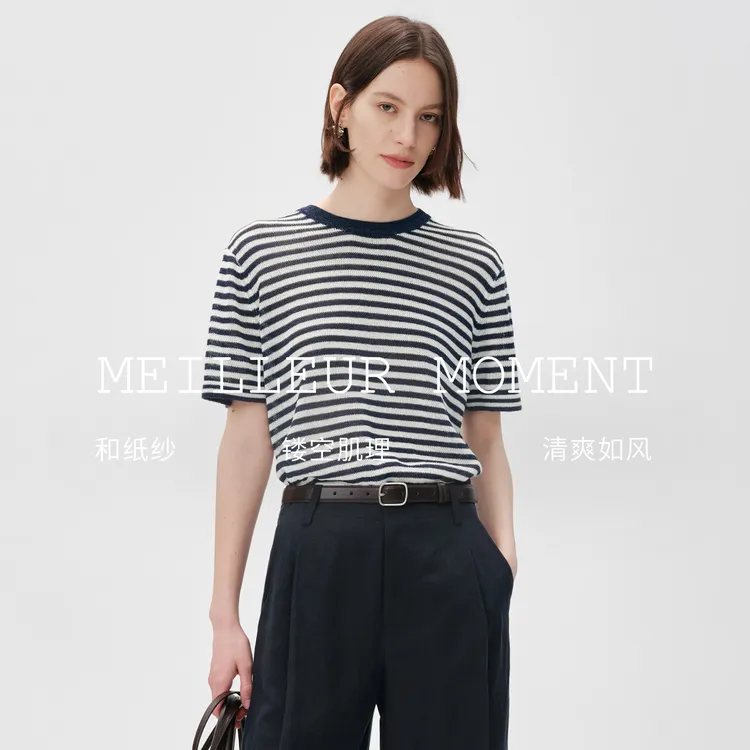 【定制和纸纱】MM麦檬风新款薄款条纹短袖针织衫女款上衣5H4931921
