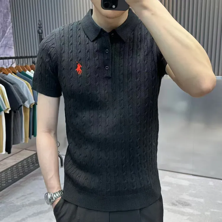 老钱风刺绣翻领短袖毛衣男秋装半袖针织衫2025秋冬季新款男士t恤