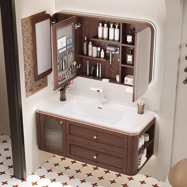 【中古风】胡桃木色陶瓷一体盆浴室柜带侧柜圆角卫生间组合洗漱台盆
