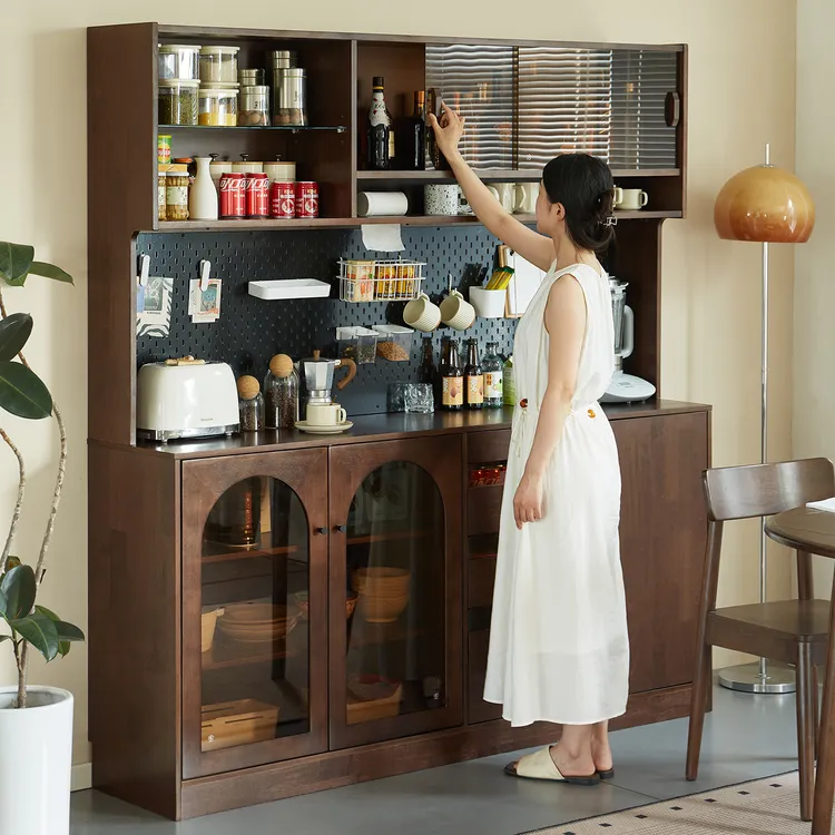 实木餐边柜靠墙一体储物柜客厅家用小户型收纳茶水柜胡桃色酒柜