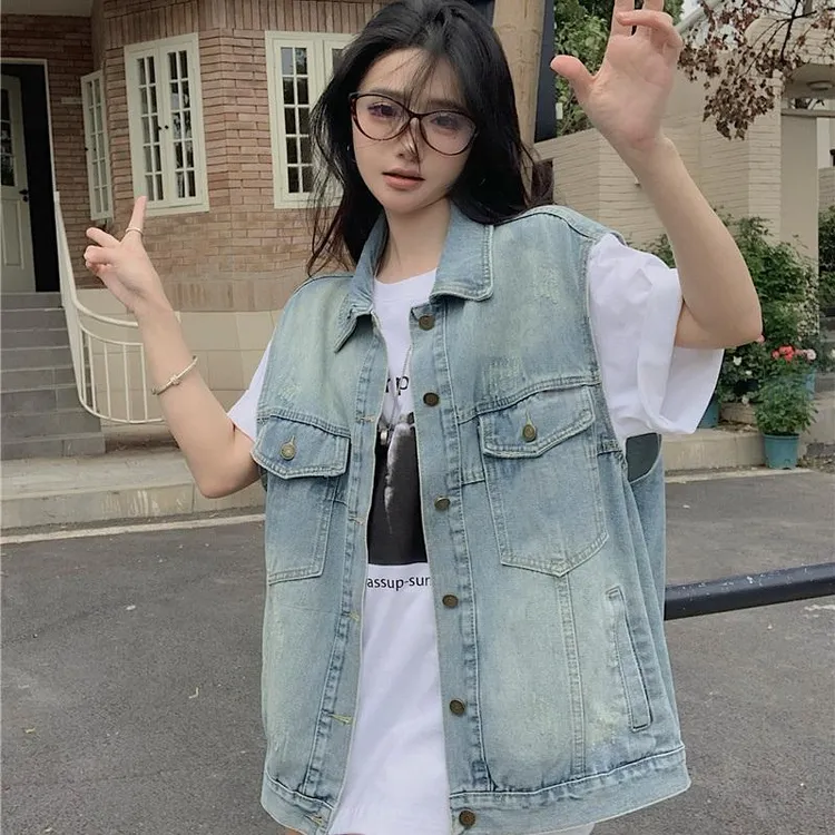 特大码女装牛仔马甲女款春夏外搭复古做旧无袖坎肩背心马夹外套新