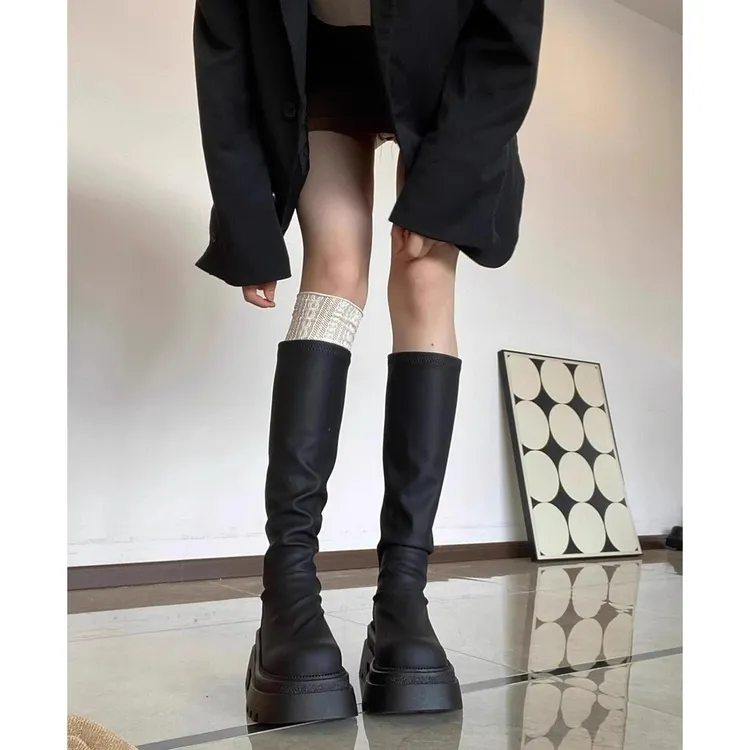 厚底高筒靴新款韩版秋冬瘦瘦长筒靴小个子粗跟不过膝推推长靴女