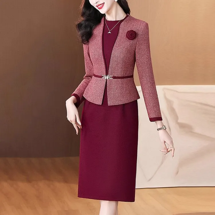 妈妈修身包臀裙女喜婆婆婚宴装假两件正式场合连衣裙欧若风穿搭