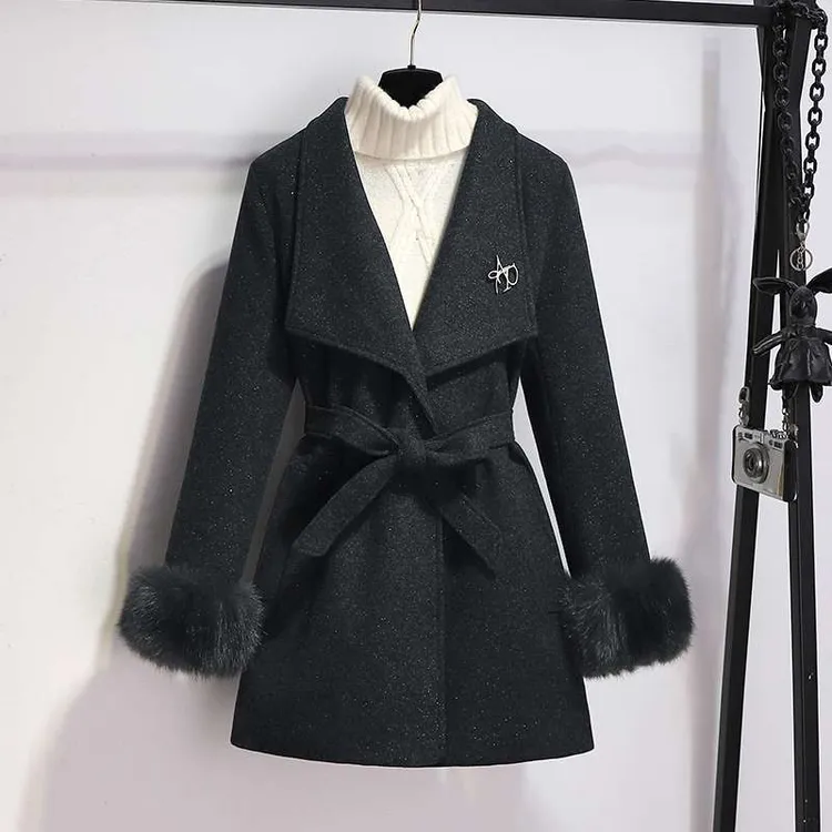 富家千金感冬装灰色加棉毛呢外套女冬2025新款中长款收腰呢子大衣