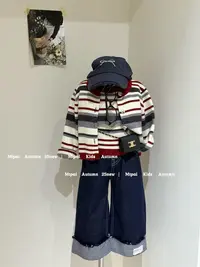 韩系女童秋季新款红色条纹开衫两件套配牛仔裤穿搭