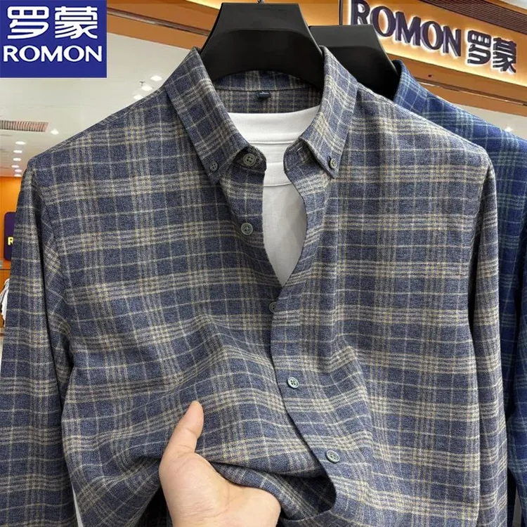 罗蒙品牌新款100%棉长袖衬衫商务休闲潮格子衫柔软舒适衬衣男装