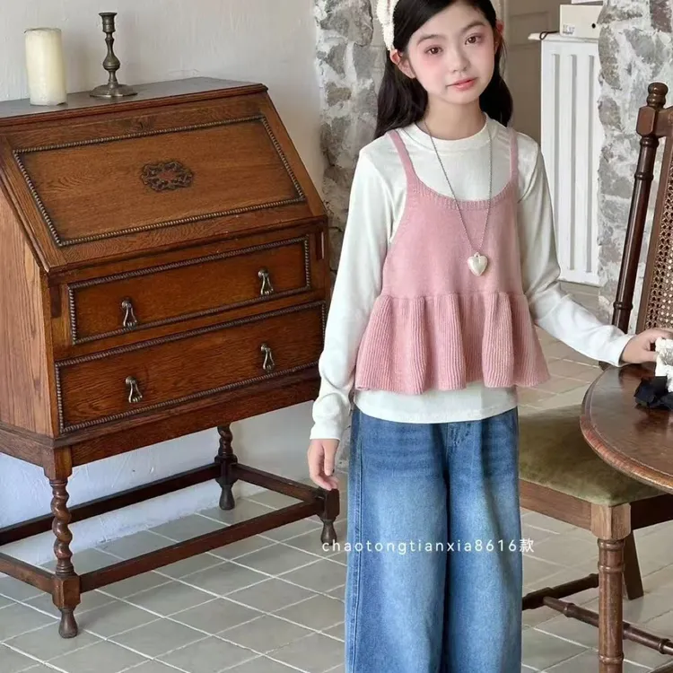 女中童日系小清新荷叶边针织牛仔三件套软糯洋气减龄叠穿