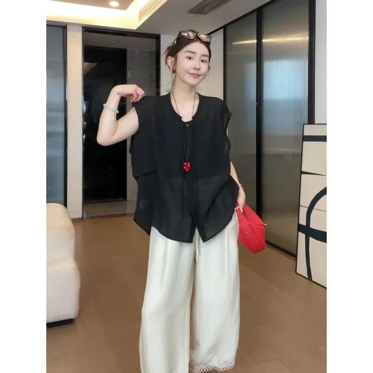 玖了个玖 2025夏小众设计感圆领系带无袖衬衫上衣2506C3211