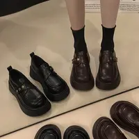 英伦风时尚百搭小个子厚底乐福鞋学院风增高复古圆头小皮鞋女新款