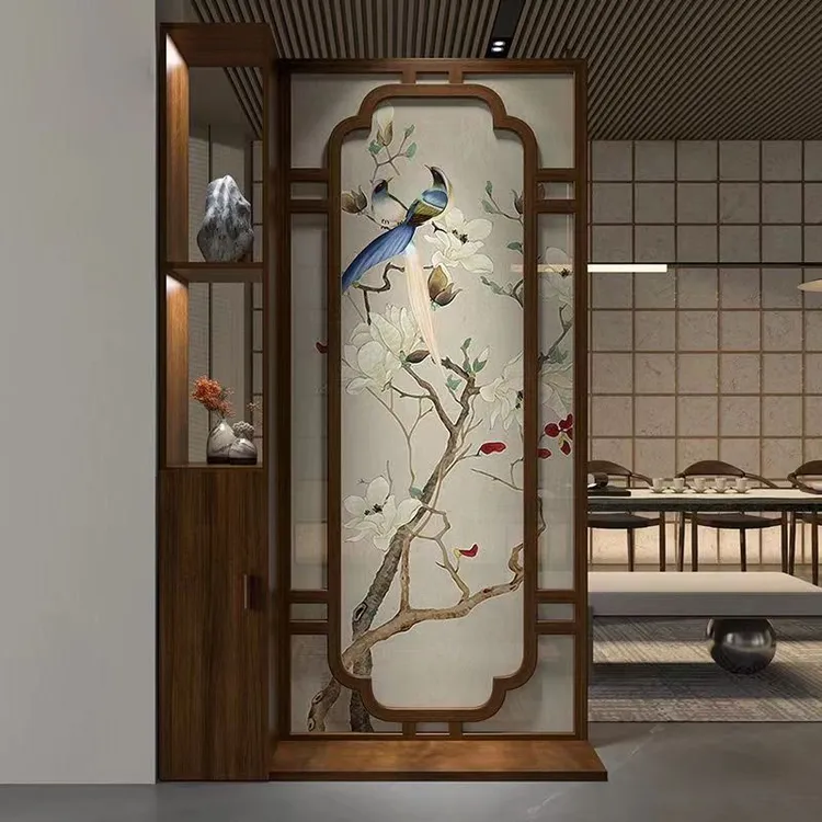 新中式实木入户屏风隔断柜客厅书房玄关简约房间定制格栅入门座屏