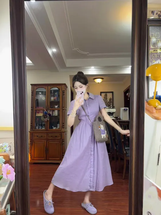 紫色气质翻领衬衫连衣裙女夏季2025新款高级感超好看短袖复古长裙