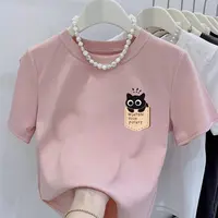 新款圆领小猫口袋胸标印花纯棉短袖小个子女修身显瘦百搭上衣