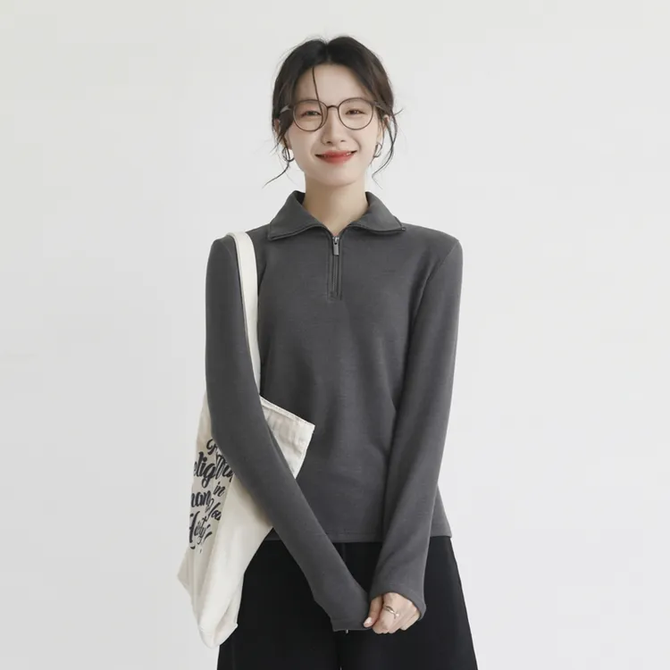 两用领设计套头卫衣女秋冬宽松简约百搭休闲无帽拉链长袖针织上衣