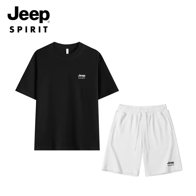 JEEPSPIRIT夏季男短袖休闲纯棉运动套装舒适透气简约圆领针织短裤