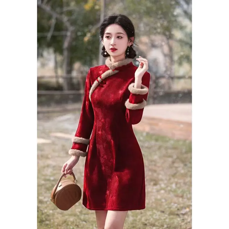2025小个子冬款加绒短款旗袍双侧口袋款针织提花裙长90