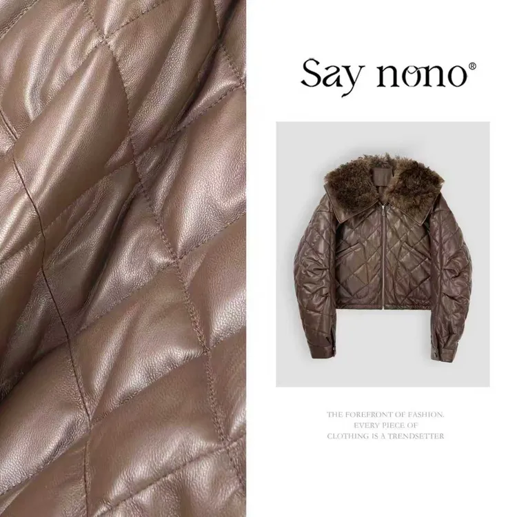 懒猫nono│Saynono 时尚复古菱形设计羊毛毛领绵羊皮外套 GE0607XY