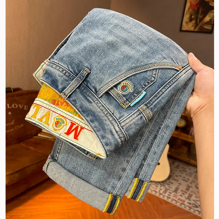 新款大牛男士牛仔裤简约百搭刺绣高级感修身弹力九分小直筒长裤子