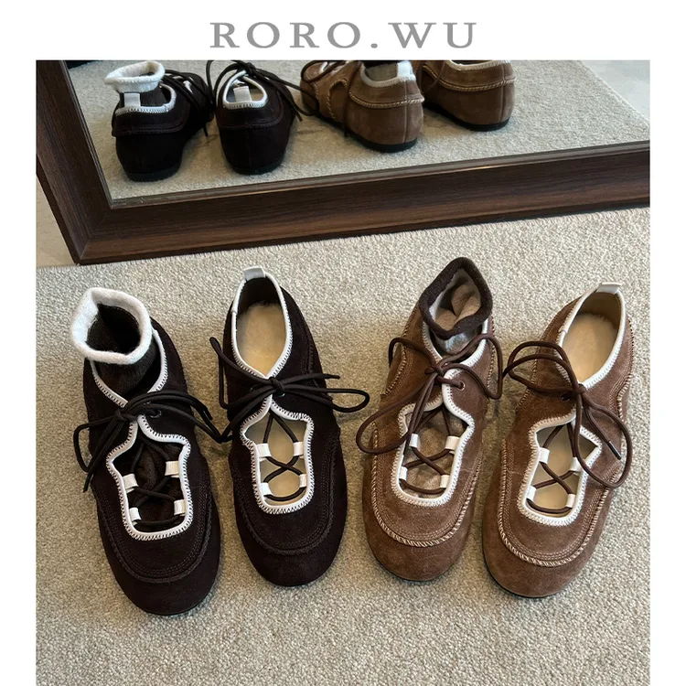 娆娆吴·磨砂牛皮运动风交叉绑带芭蕾舞鞋冬季新款浅口单鞋女A39