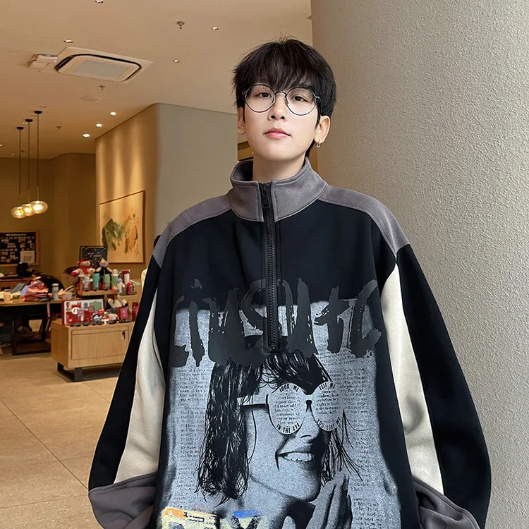立领半拉链卫衣男秋季美式复古重磅衣服春秋款潮牌欧美hiphop外套
