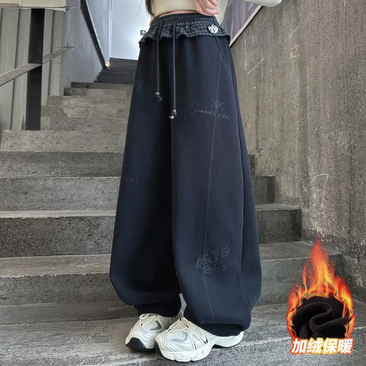 女童加绒裤子2025新款儿童秋冬屁帘加厚阔腿裤大童冬季一体绒卫裤