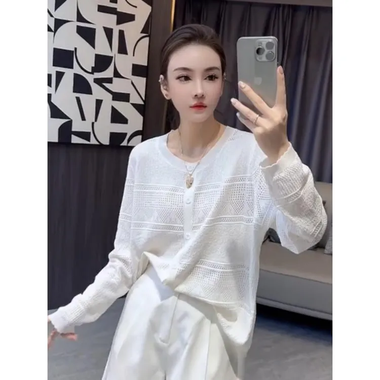 欧洲站镂空透网凉感长袖防晒开衫女夏季新款慵懒休闲宽松针织罩衫
