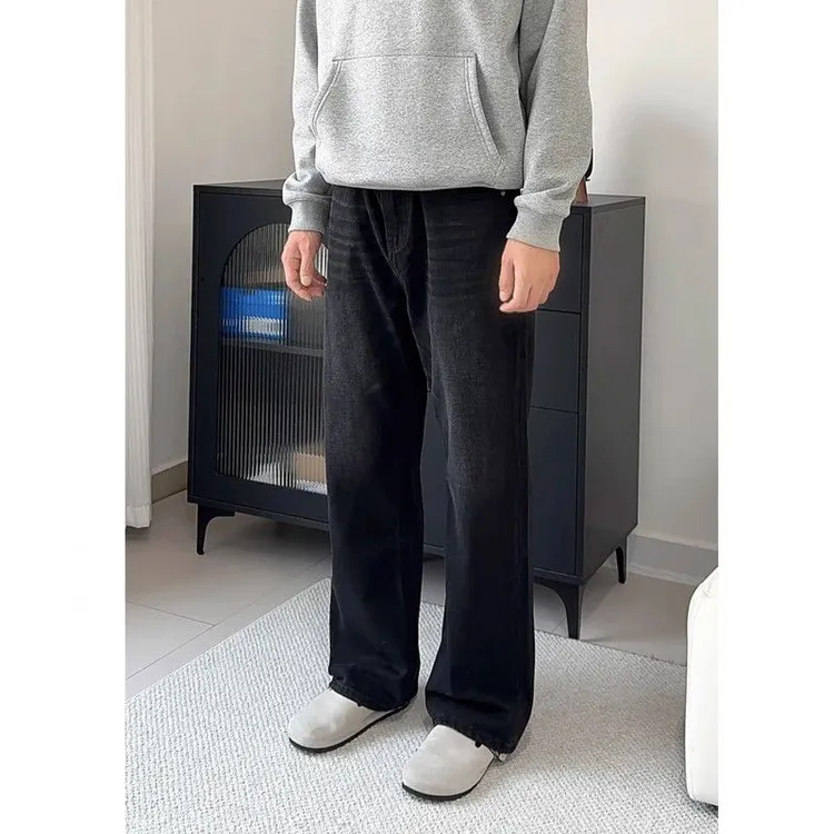 猎步者莱赛尔天丝直筒牛仔裤男夏季薄款黑色水洗松紧腰凉感休闲裤