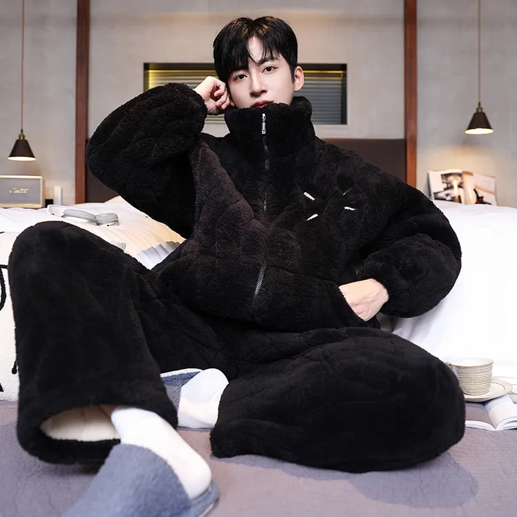 男士睡衣冬季珊瑚绒加厚加绒三层夹棉新款冬天高档保暖家居服套装