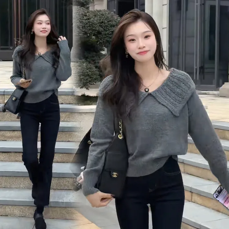 设计感针织衫钩花翻领毛衣女加厚保暖2025秋季新款时尚百搭短上衣