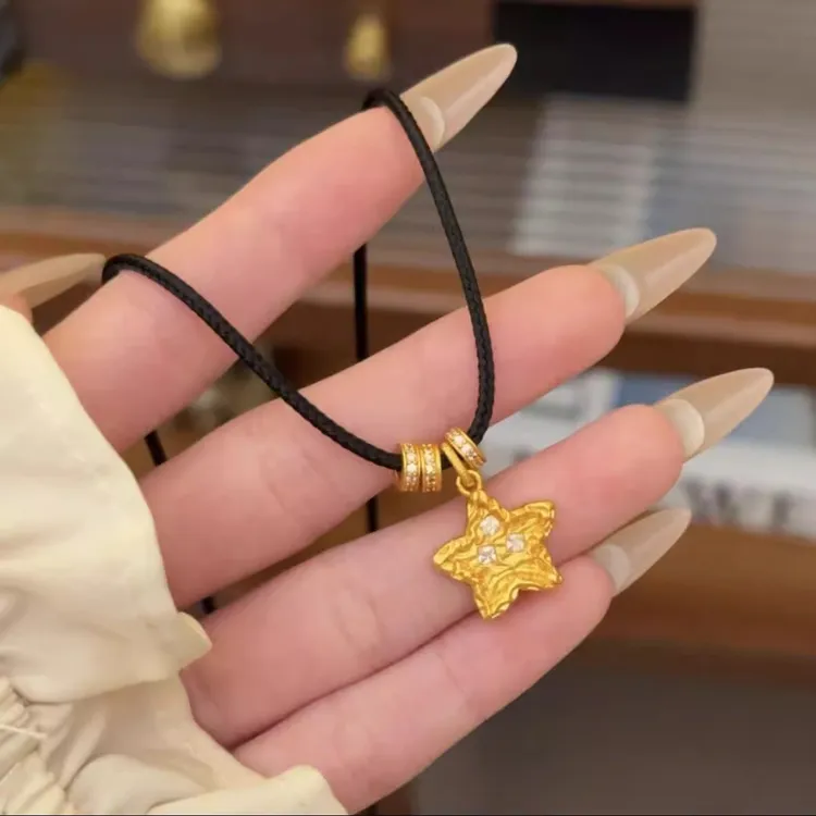 古法吊坠锤纹锆石星星项链镀24k黄金色锁骨链小众手工DIY配饰女款