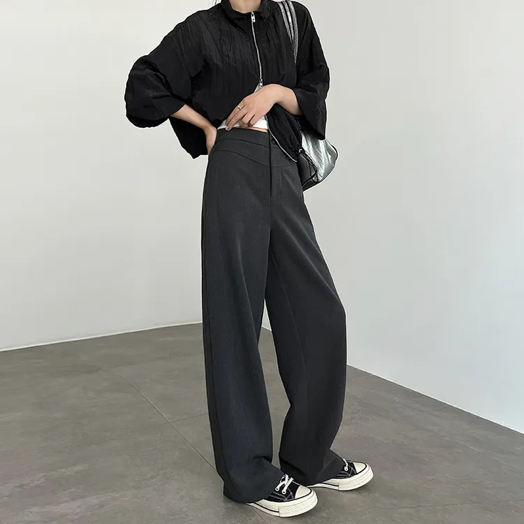 天丝羊毛灰色阔腿裤女2025新款高腰垂坠感宽松休闲窄版直筒西装裤