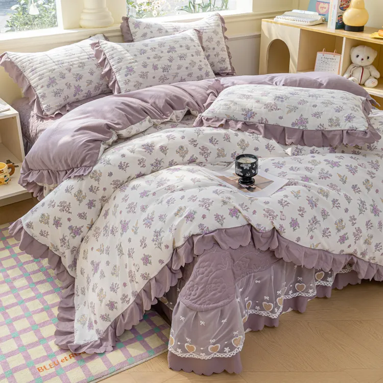 A类加厚被套蕾丝边三件套针织双层纱四件套ab版纯色床盖床上用品