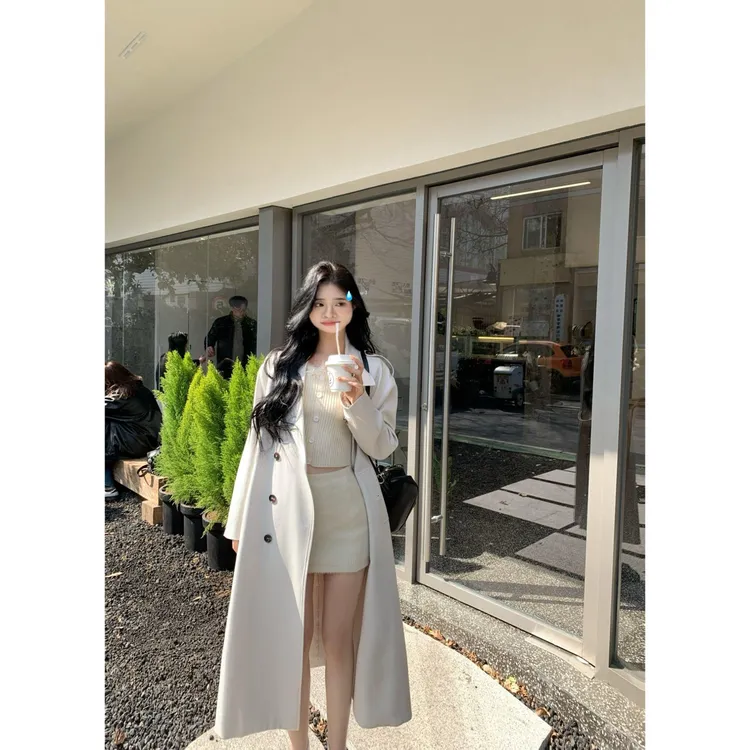 韩系风外套长袖轻职风纽扣长款休闲风风衣气质白色过膝ins